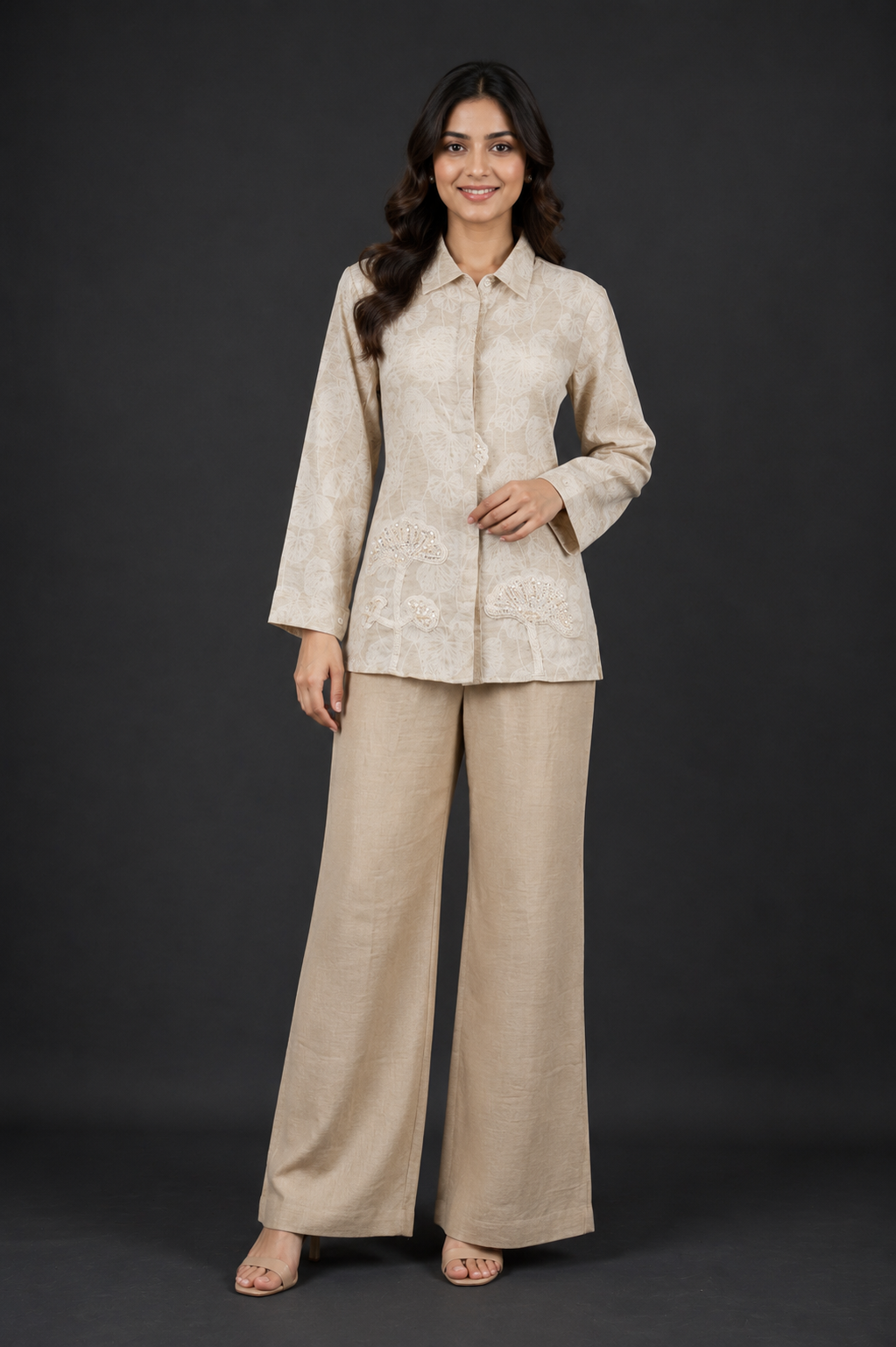 Women's Beige Textured Co-Ord Set with Full Sleeve Shirt & Wide-Leg Pants | Elegant Casual Wear V10-417-BEG-PR