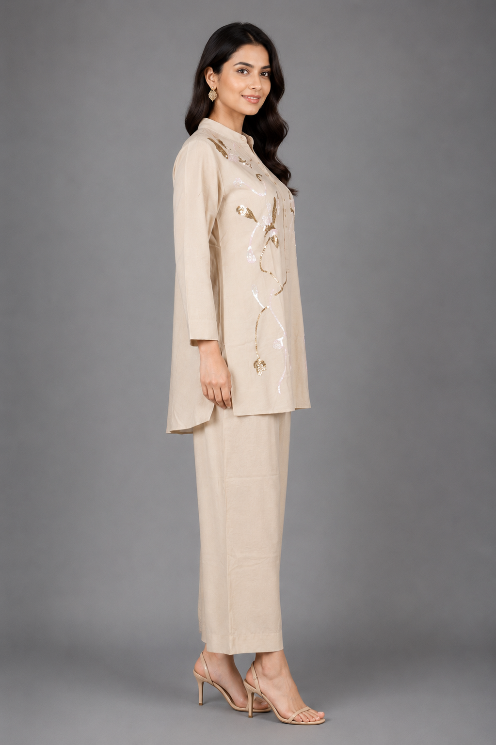 Women's Beige Floral Embroidered Peplum Kurta with Palazzo Pants Set | Elegant Ethnic Co-Ord Wear V11-417-FWN-EM - Image 2