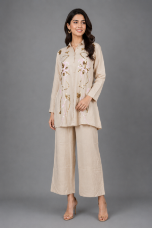 Women's Beige Floral Embroidered Peplum Kurta with Palazzo Pants Set | Elegant Ethnic Co-Ord Wear V11-417-FWN-EM