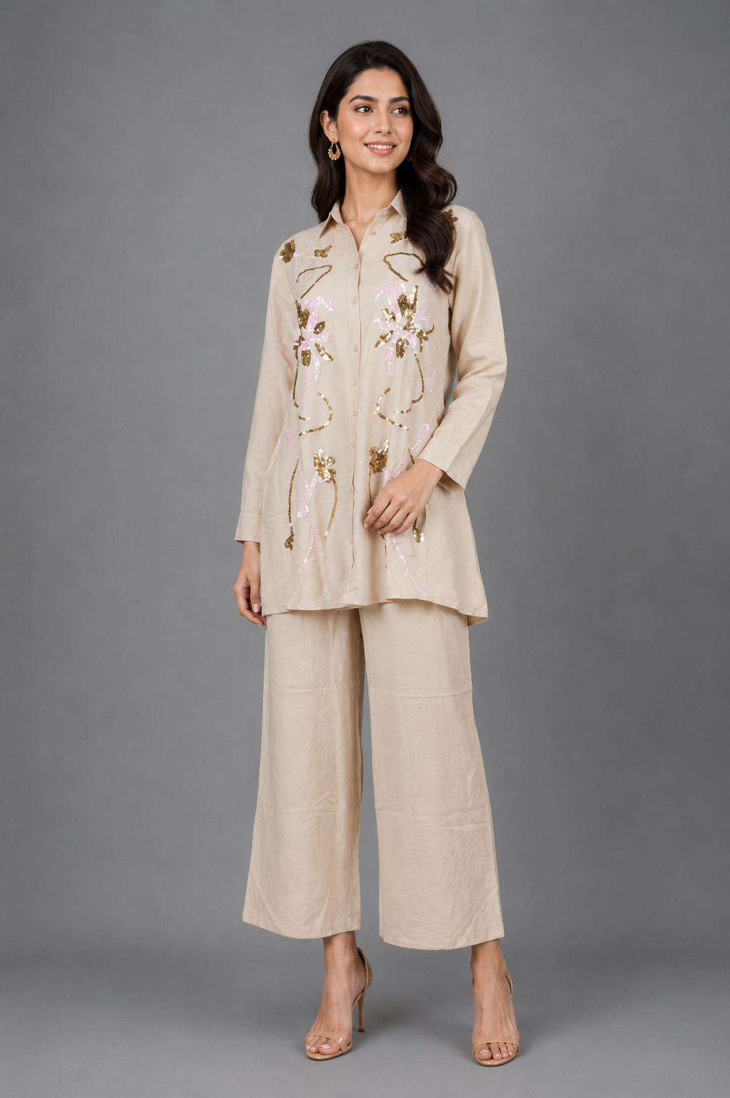 Women's Beige Floral Embroidered Peplum Kurta with Palazzo Pants Set | Elegant Ethnic Co-Ord Wear V11-417-FWN-EM