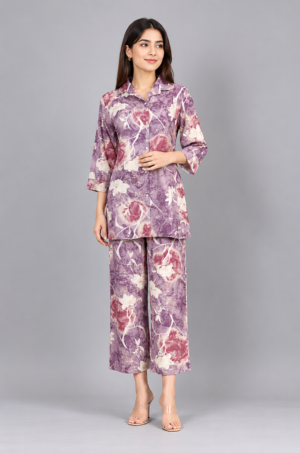 Women's Lavender Floral Print Co-Ord Set with 3/4 Sleeve Top & Wide-Leg Pants V3-417-CRM PPL-PR