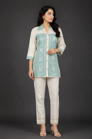 Women's Mint Green Printed Straight Kurta with Matching Pants Set | Elegant Ethnic Wear Co-Ord Set V4-417-CRM GRN-PR