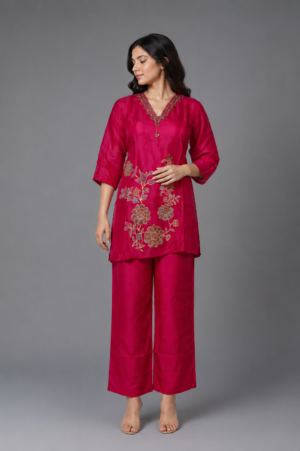 Women's Magenta Floral Embroidered Kurta Palazzo Set | V-Neck Ethnic Wear for Festive, Party & Casual Occasions VT11-417-RANI-EM