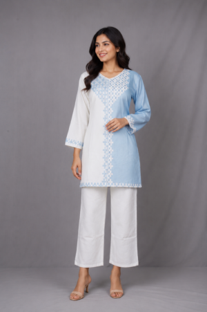 Women's Sky Blue & White Embroidered Straight Kurta with Palazzo Pants Set | Ethnic Wear Co-Ord Set VT01-417-BLU WHT-PR
