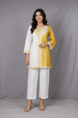 Women's Mustard Yellow & White Embroidered Straight Kurta with Palazzo Pants Set | Ethnic Wear Co-Ord Set VT01-417-YLW WH-PR