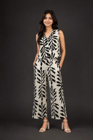 Women's Black & White Leaf Print Sleeveless Wide-Leg Jumpsuit | V-Neck | Regular Fit | Casual, Vacation & Party Wear 38-24-CRM BLK-PR