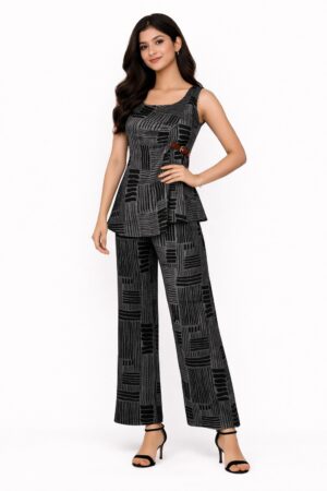 Women's Charcoal Grey Geometric Printed Co-Ord Set | Sleeveless Peplum Top & Wide-Leg Palazzo Pants | Regular Fit | Casual, Office & Party Wear 35-24-BLK GY-LI
