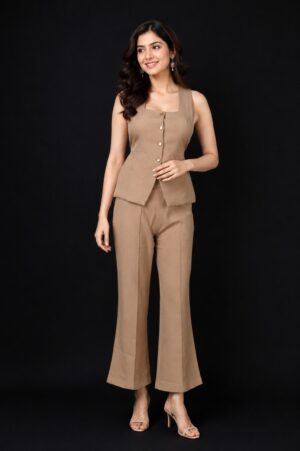 Women's Mocha Brown Sleeveless Peplum Top & Flared Pants Co-Ord Set | Regular Fit | Casual, Office & Party Wear 36-24-BEG-PL