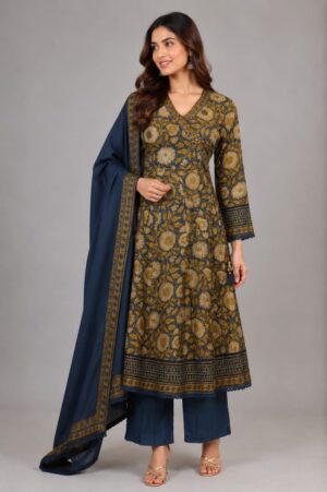 Women's Olive Green Printed Kurta Pant Set with Navy Blue Dupatta | Cotton Blend Ethnic Wear for Festive, Office & Casual Wear MD14-346-BLU-PR