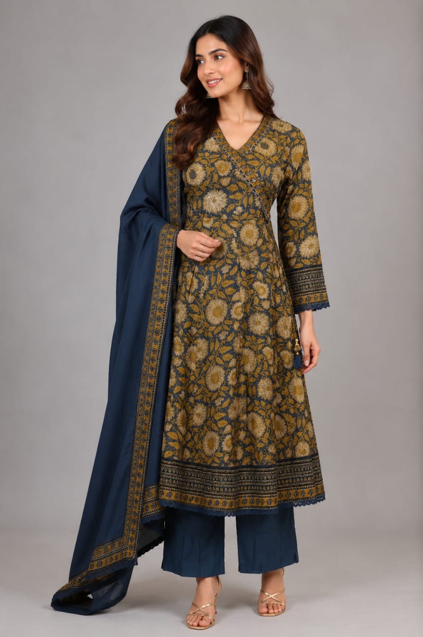 Women's Olive Green Printed Kurta Pant Set with Navy Blue Dupatta | Cotton Blend Ethnic Wear for Festive, Office & Casual Wear MD14-346-BLU-PR