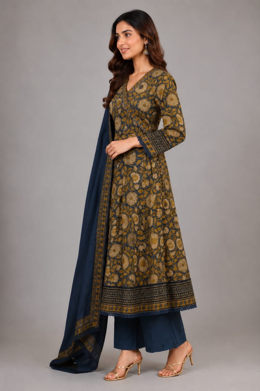 Women's Olive Green Printed Kurta Pant Set with Navy Blue Dupatta | Cotton Blend Ethnic Wear for Festive, Office & Casual Wear MD14-346-BLU-PR - Image 2