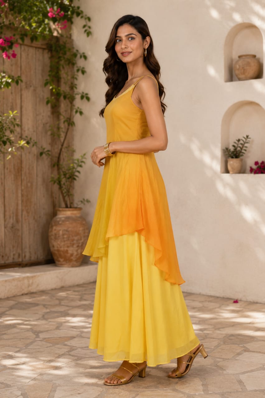 Women's Mustard Yellow Layered Kurta Palazzo Set | Sleeveless A-Line Kurta | Regular Fit | Ethnic & Casual Wear 800641-23-ORG YLW-PR - Image 2