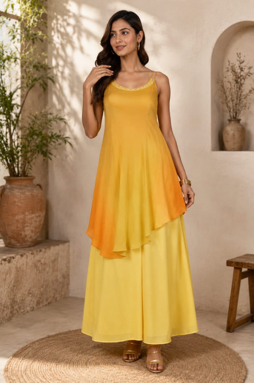 Women's Mustard Yellow Layered Kurta Palazzo Set | Sleeveless A-Line Kurta | Regular Fit | Ethnic & Casual Wear 800641-23-ORG YLW-PR