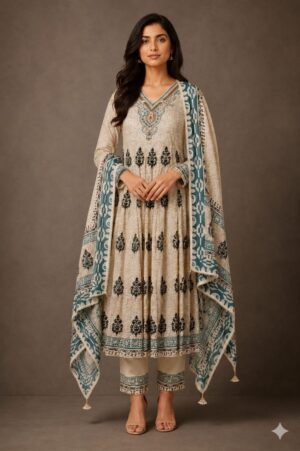 Women's Beige Printed Anarkali Kurta Pant Set with Designer Dupatta | Elegant Ethnic Wear for Festive & Casual Occasion 9491-337-OF WHT-PR