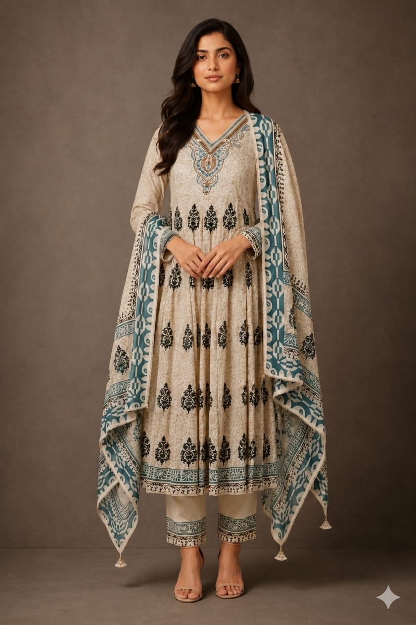 Women's Beige Printed Anarkali Kurta Pant Set with Designer Dupatta | Elegant Ethnic Wear for Festive & Casual Occasion 9491-337-OF WHT-PR