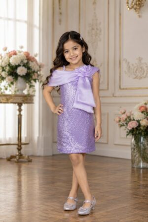Girls Lavender Sequin Party Dress with Statement Bow | Premium Kids Occasion Wear 26082-31-LAV-FL