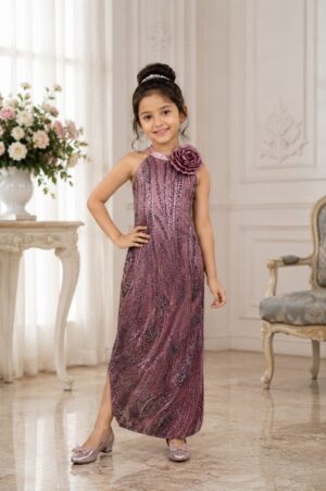 Girls Mauve Shimmer One-Shoulder Pleated Party Gown with Floral Shoulder Detail | Premium Kids Occasion Wear 26075-31-ONN-FL