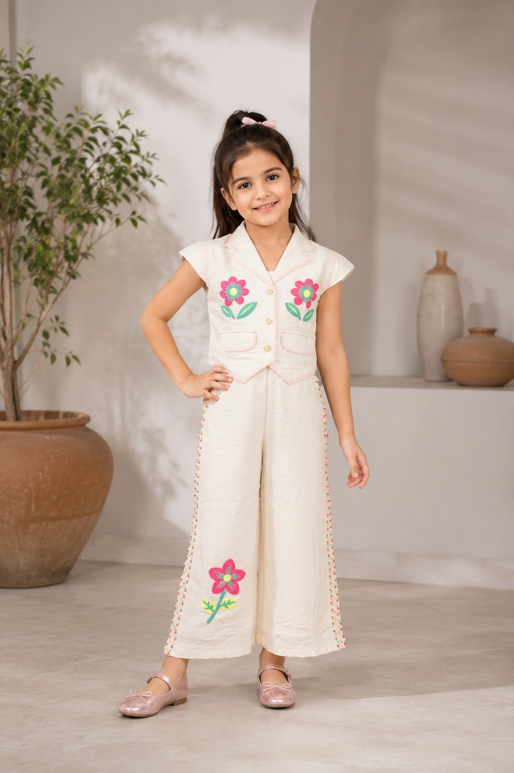 Girls Off White Floral Embroidered Sleeveless Wide Leg Jumpsuit | Casual Party Wear 612-31-CRM-EM
