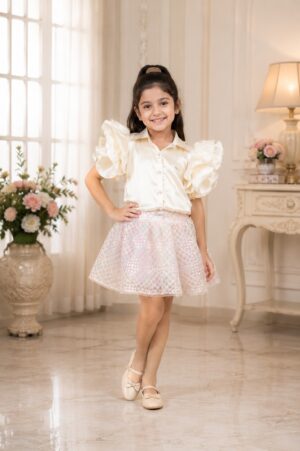 Girls White Puff Sleeve Top with Pink Printed Flared Skirt | Stylish Party Wear Co-Ord Set for Kids This title is: 26033-268-CRM-FC