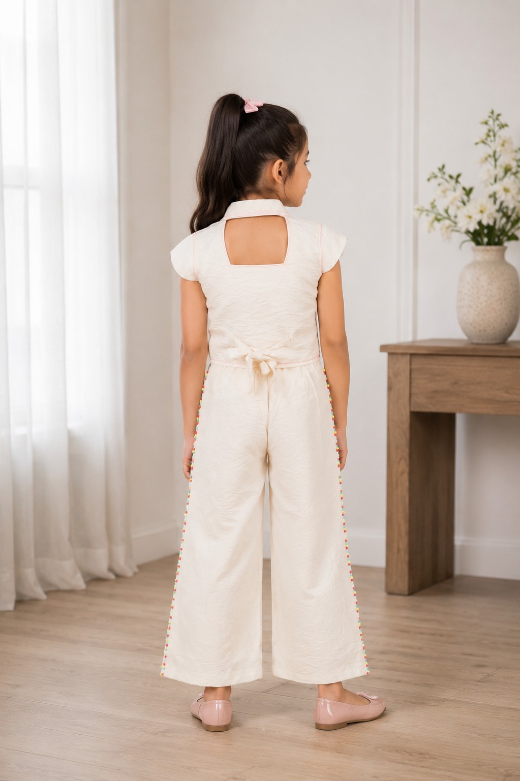 Girls Off White Floral Embroidered Sleeveless Wide Leg Jumpsuit | Casual Party Wear 612-31-CRM-EM - Image 2