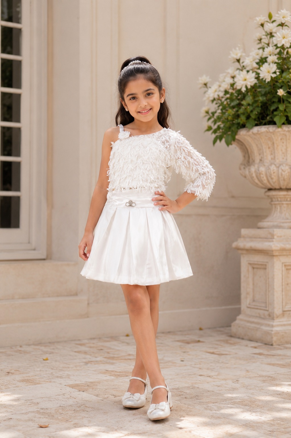 Girls Elegant White Floral Sleeveless Fit & Flare Party Dress | Premium Kids Occasion Wear 26046-439-WHT-FC