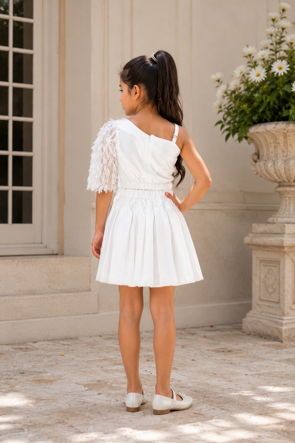 Girls Elegant White Floral Sleeveless Fit & Flare Party Dress | Premium Kids Occasion Wear 26046-439-WHT-FC - Image 2