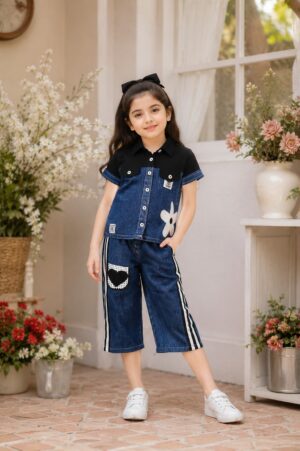 Girls Navy Blue Denim Top & Capri Pants Co-Ord Set | Casual Summer Kids Wear 4778-268-BLK DNM-PT