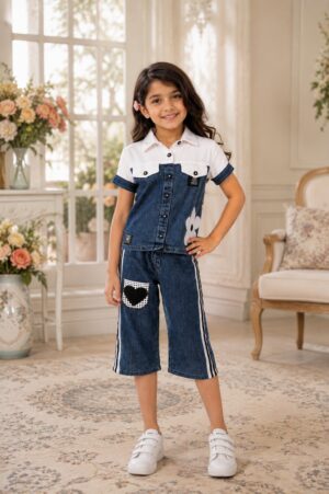 Girls Blue Denim Dungaree Jumpsuit with White Polo T-Shirt | Casual Summer Outfit for Kids 4778-268-WHT DNM-PT