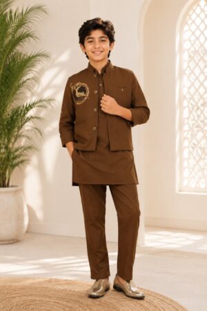 Boys Brown Kurta Pajama Set with Designer Nehru Jacket | Premium Festive Ethnic Wear 3620-30-MST-PR