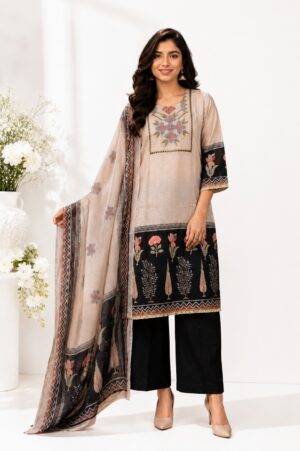 Women's Beige & Black Printed Kurta Pant Dupatta Set | Elegant Ethnic Suit | Straight Fit | Festive, Office & Casual Wear 756EM-449-SKN