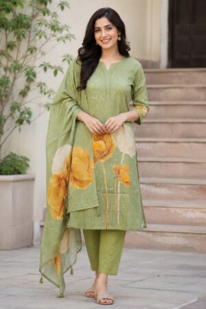 Women's Sage Green Floral Printed Kurta Pant Dupatta Set | Elegant Ethnic Suit | Straight Fit | Festive, Office & Casual Wear 2709FL-449-GRN