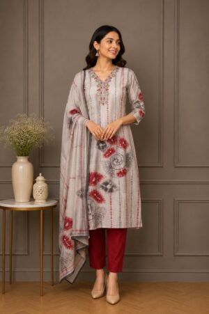 Women's Grey Printed Kurta Pant Dupatta Set | Elegant Ethnic Suit | Straight Fit | Festive, Office & Casual Wear 9234EM-340-FWN