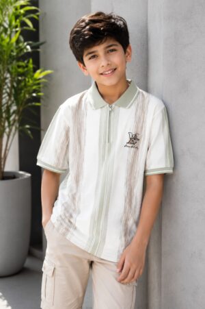 Boys Off-White & Sage Green Striped Polo Collar Cotton T-Shirt | Casual Half Sleeve Summer Tee 52224-268-L.GRN-LI