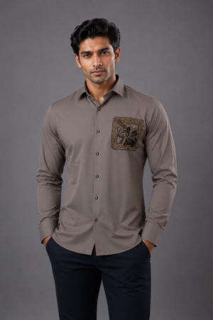 Men's Taupe Solid Slim Fit Full Sleeve Casual Shirt with Printed Chest Pocket | Soft Cotton Blend | Smart Casual Wear 17328-401-BWN