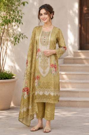 Women's Olive Green Floral Printed Kurta Pant Dupatta Set | Elegant Ethnic Suit | Straight Fit | Festive, Office & Casual Wear 9157EM-340-YLW