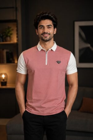 Men's Dusty Pink Colorblock Polo T-Shirt with Zip Neck | Premium Cotton Blend Half Sleeve Regular Fit Casual Wear  2974PL-362-PCH