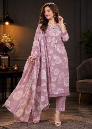 Women's Lavender Floral Printed Kurta Pant Dupatta Set | Elegant Ethnic Suit | Straight Fit | Festive, Office & Casual Wear 1643FL-449-ONN