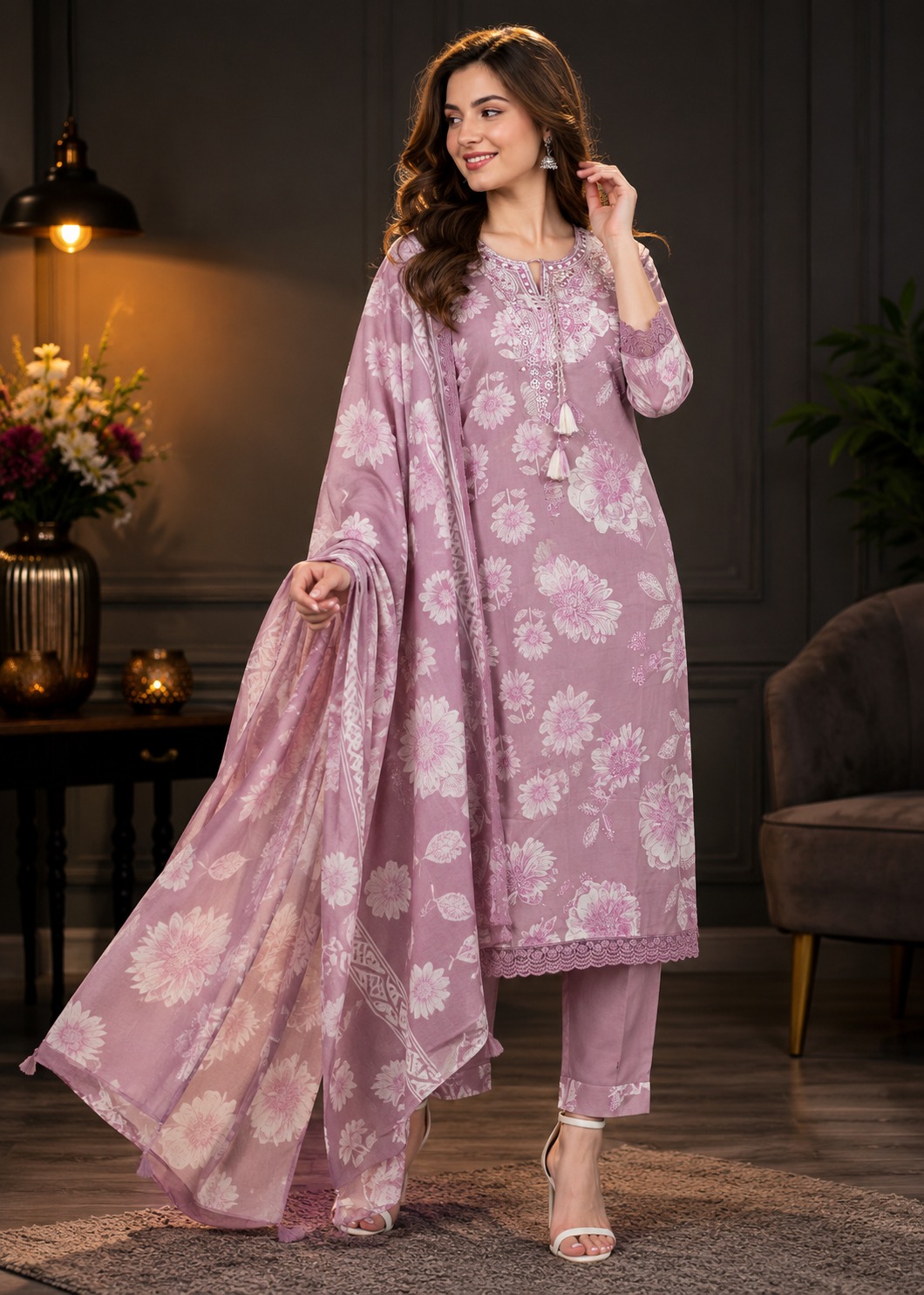 Women's Lavender Floral Printed Kurta Pant Dupatta Set | Elegant Ethnic Suit | Straight Fit | Festive, Office & Casual Wear 1643FL-449-ONN