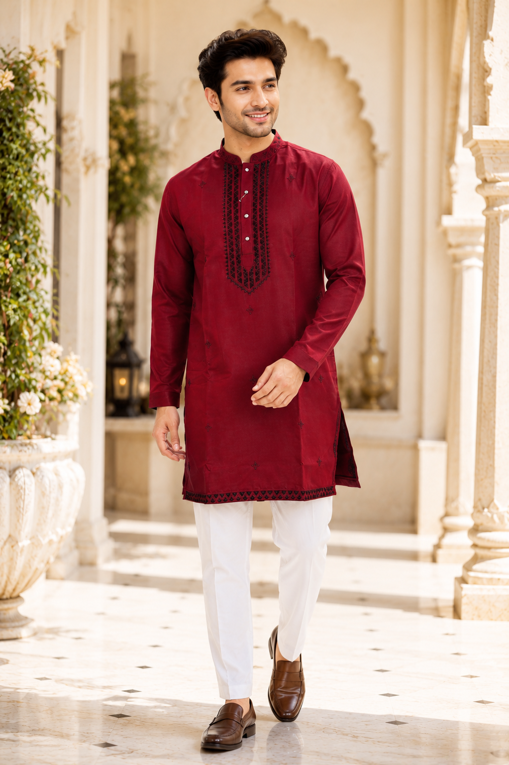 Men's Maroon Embroidered Kurta with White Pajama | Premium Festive Ethnic Wear 2003-437-MRN-EMB