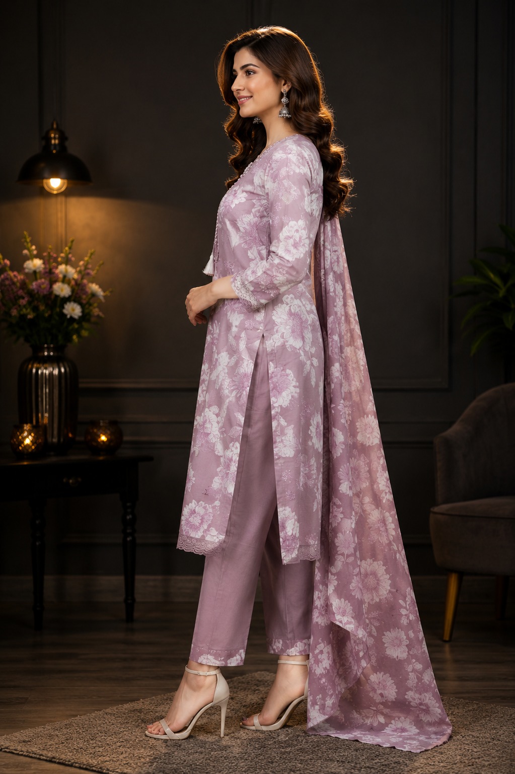 Women's Lavender Floral Printed Kurta Pant Dupatta Set | Elegant Ethnic Suit | Straight Fit | Festive, Office & Casual Wear 1643FL-449-ONN - Image 2