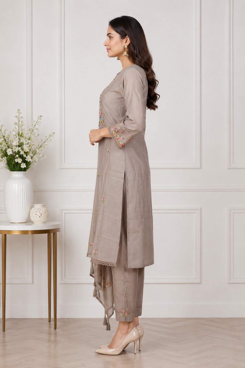 Women's Taupe Embroidered Kurta Pant Dupatta Set | Elegant Ethnic Suit | Straight Fit | Festive, Office & Casual Wear 2846FL-449-GRY - Image 2