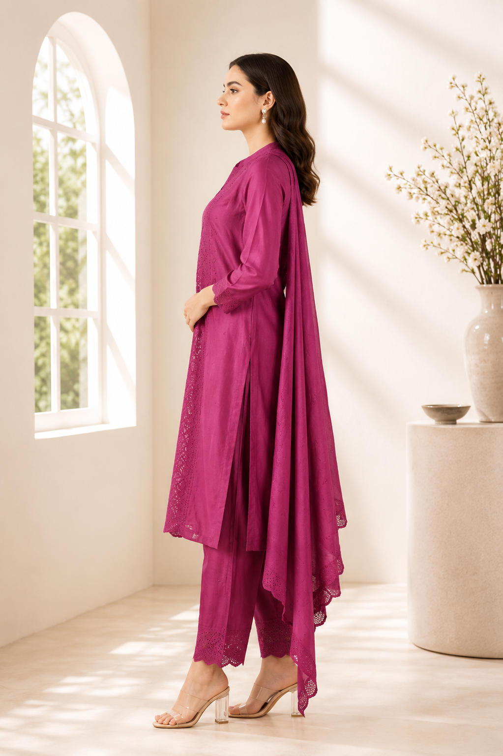 Women's Magenta Embroidered Kurta Pant & Dupatta Set | Elegant Straight Fit Ethnic Suit | Festive, Party & Office Wear 9857PL-340-ONN - Image 2
