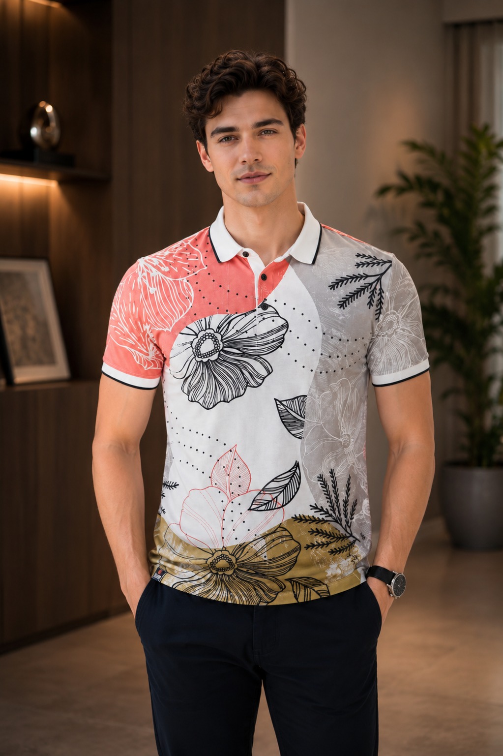 Men's Floral Printed Polo T-Shirt | Premium Cotton Blend Half Sleeve Casual Collar Tee | Smart Casual Summer Wea 14005FL-338-MLT