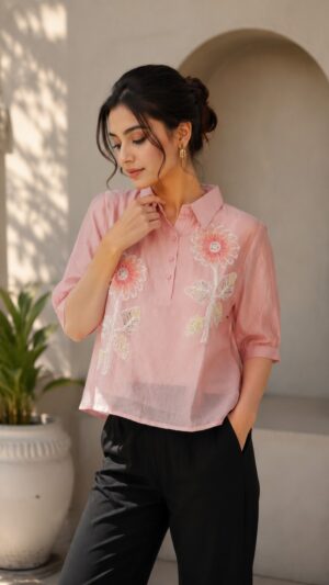 Women's Peach Pink Floral Embroidered Mandarin Collar Top | 3/4 Sleeve Casual & Office Wear NG20-441-DPCH-EM