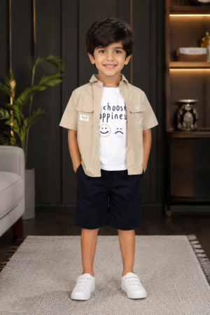 Boys Beige Cotton Overshirt, Graphic T-Shirt & Navy Shorts 3-Piece Set | Soft & Comfortable Casual Summer Wear 3292-30-FWN NVY-PR