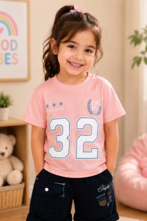 Girls' Pink Numeric Graphic Printed Cotton T-Shirt | Casual Half Sleeve Kids Top 066-268-PCH-PR