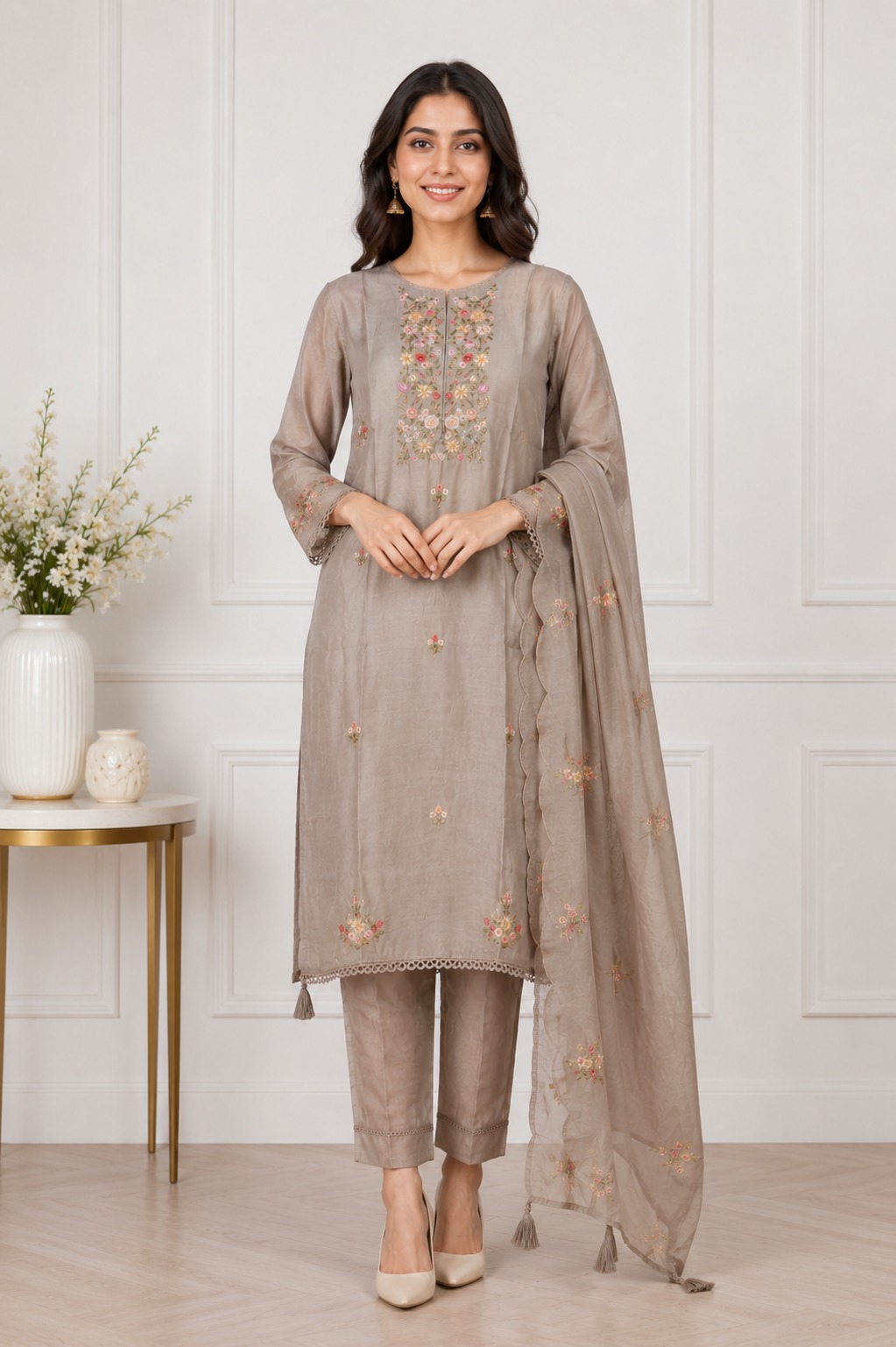 Women's Taupe Embroidered Kurta Pant Dupatta Set | Elegant Ethnic Suit | Straight Fit | Festive, Office & Casual Wear 2846FL-449-GRY