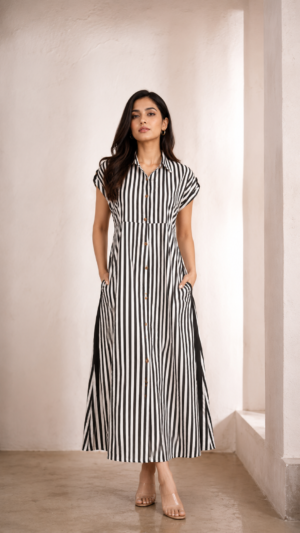 Women's Black & White Vertical Striped A-Line Maxi Dress with Pockets | Casual Cotton Blend Wear 1245-024-BL WHT-LI