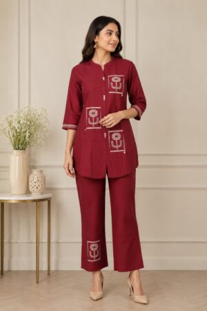 Women's Maroon Embroidered Kurta & Palazzo Co-Ord Set | Elegant Ethnic Wear | Straight Fit 9855PL-340-CHR