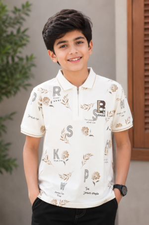 Boys White All-Over Printed Polo Collar Cotton T-Shirt | Casual Half Sleeve Summer Tee 52537-268-WHT-PR